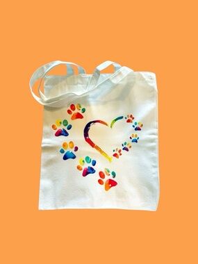 Rainbow Paw Print Heart Canvas Tote Handmade.